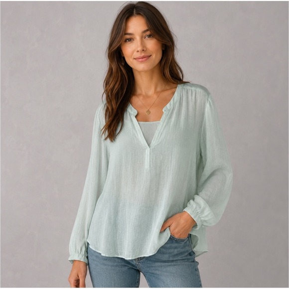 Eileen Fisher Tops - Eileen Fisher Woman 2X Organic Linen Blouse Seafoam Green Split Neck Top S5ONF